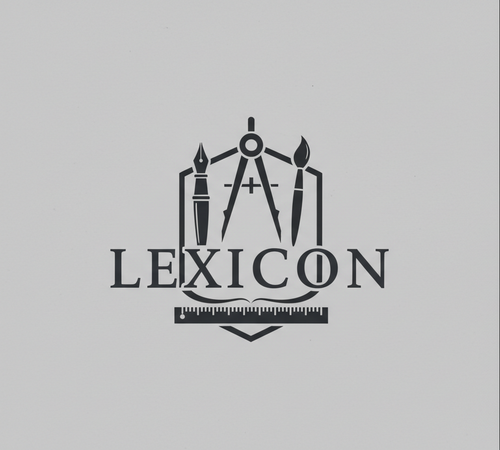 Generate a good Logo, with the name "Lexicon" enscribed into it.. I want something showing an artisan root, with creation being the intention, like a set of tools with the title "Lexicon" infront of them. However I want them to be a silhouette, with a classical creative feel to it. Yet modern and inviting. utilise my colours from my themes in this logo.  
